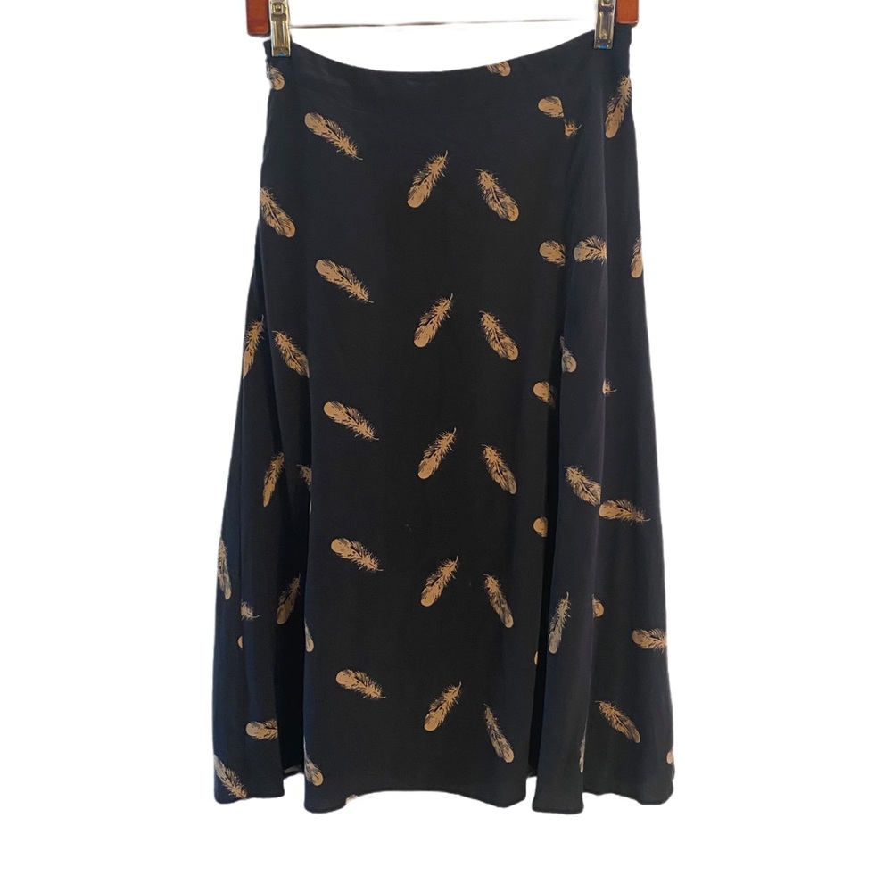 Feather Print 100% Silk Black A-Line Skirt Size M